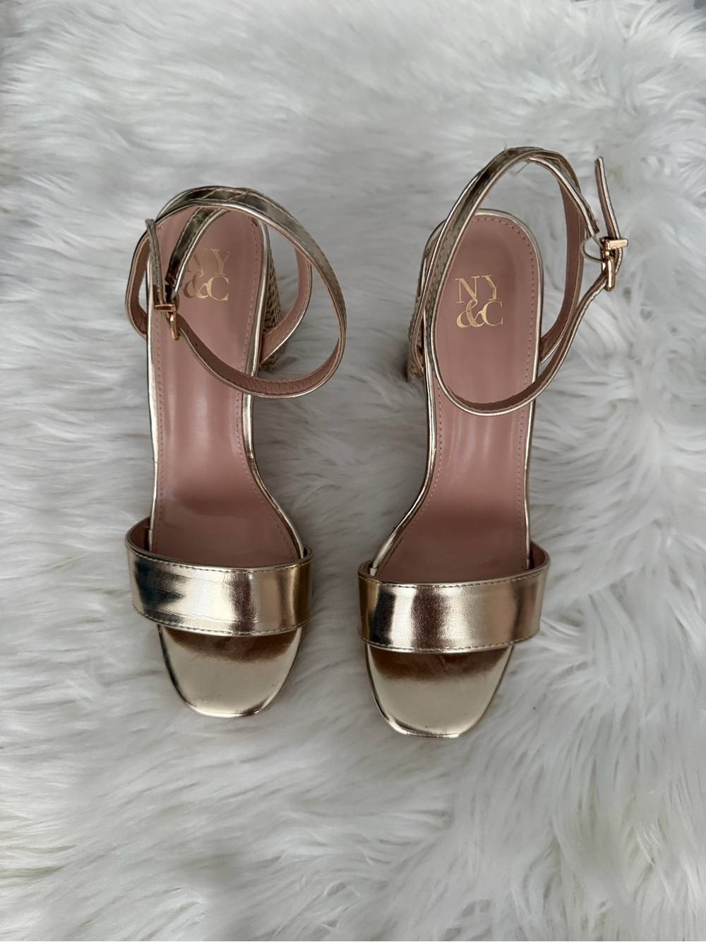 New York & Company Metallic Gold Ankle-Strap Block Heels